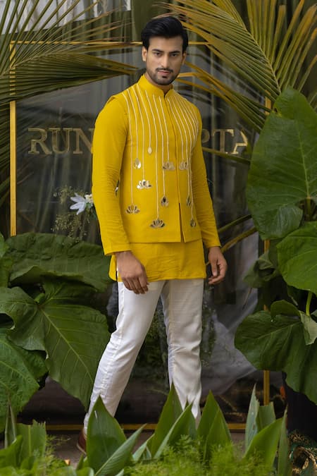 Runit Gupta_Yellow Chanderi Silk Lotus, Pearl, Bead Bundi _Online_at_Aza_Fashions