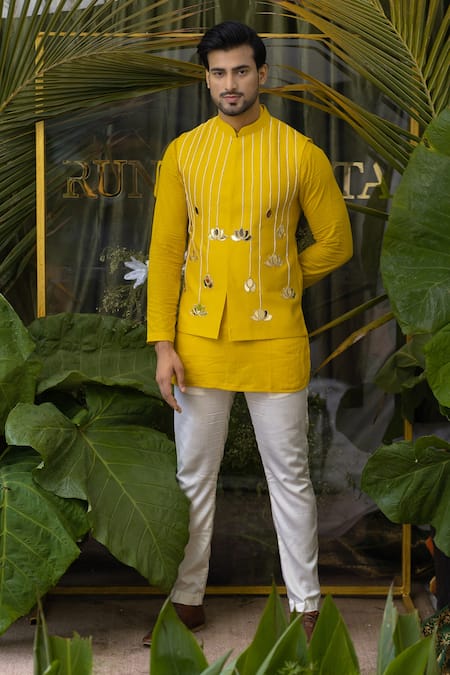 Buy_Runit Gupta_Yellow Chanderi Silk Lotus, Pearl, Bead Bundi _Online_at_Aza_Fashions