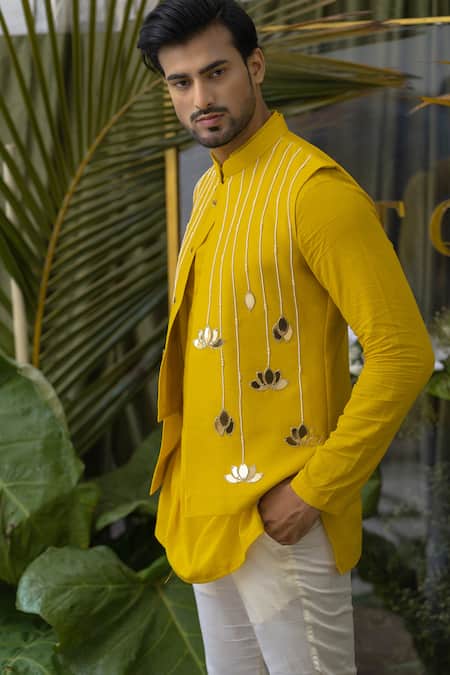 Shop_Runit Gupta_Yellow Chanderi Silk Lotus, Pearl, Bead Bundi _Online_at_Aza_Fashions