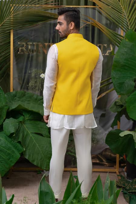 Shop Runit Gupta Yellow Cotton Lotus Embroidered Bundi at Aza Fashions Shop_Runit Gupta_Yellow Cotton Lotus Embroidered Bundi _at_Aza_Fashions