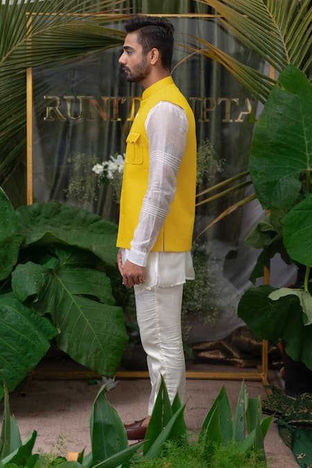 Runit Gupta Yellow Cotton Lotus Embroidered Bundi Online at Aza Fashions Runit Gupta_Yellow Cotton Lotus Embroidered Bundi _Online_at_Aza_Fashions