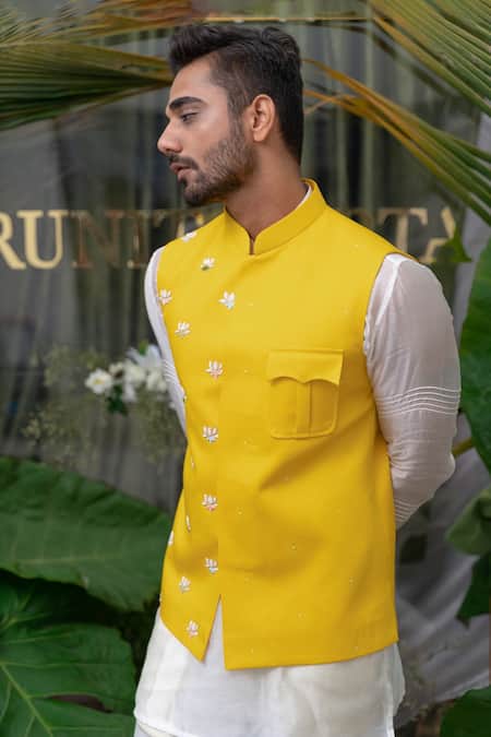 Shop Runit Gupta Yellow Cotton Lotus Embroidered Bundi Online at Aza Fashions Shop_Runit Gupta_Yellow Cotton Lotus Embroidered Bundi _Online_at_Aza_Fashions