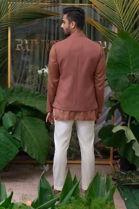 Shop_Runit Gupta_Brown Cotton Linen Cutdana, Floral, Bead Embroidered Bundi _at_Aza_Fashions