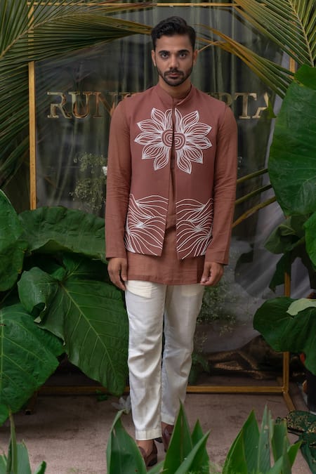 Runit Gupta_Brown Cotton Linen Cutdana, Floral, Bead Embroidered Bundi _Online_at_Aza_Fashions