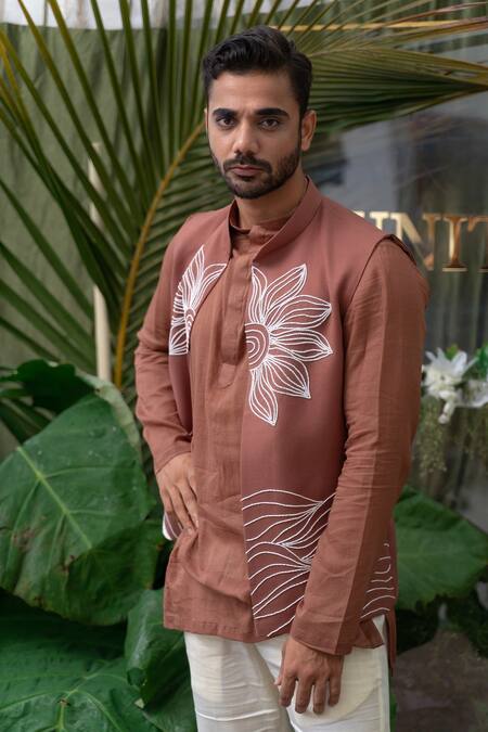 Buy_Runit Gupta_Brown Cotton Linen Cutdana, Floral, Bead Embroidered Bundi _Online_at_Aza_Fashions