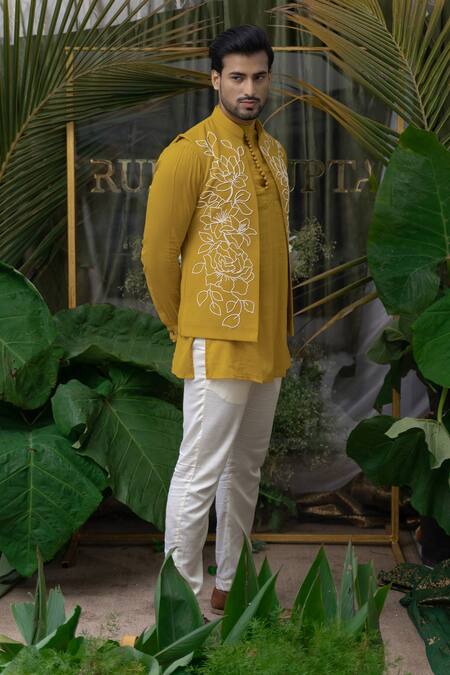 Runit Gupta Yellow Cotton Linen Cutdana, Floral, Bead Embroidered Bundi Online at Aza Fashions Runit Gupta_Yellow Cotton Linen Cutdana, Floral, Bead Embroidered Bundi _Online_at_Aza_Fashions