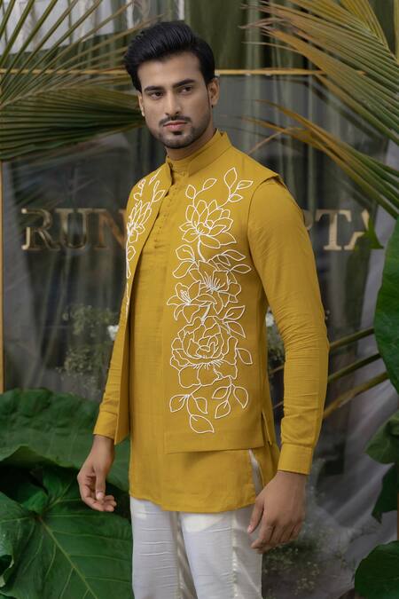 Buy Runit Gupta Yellow Cotton Linen Cutdana, Floral, Bead Embroidered Bundi Online at Aza Fashions Buy_Runit Gupta_Yellow Cotton Linen Cutdana, Floral, Bead Embroidered Bundi _Online_at_Aza_Fashions
