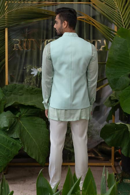 Shop Runit Gupta Blue Cotton Linen Pearl, Palm Tree Embroidered Bundi at Aza Fashions Shop_Runit Gupta_Blue Cotton Linen Pearl, Palm Tree Embroidered Bundi _at_Aza_Fashions