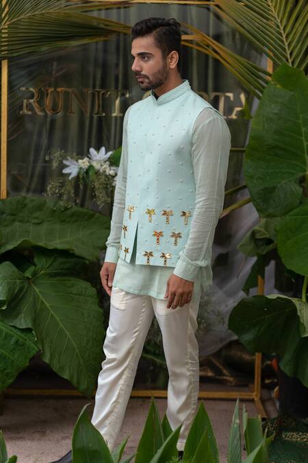 Runit Gupta Blue Cotton Linen Pearl, Palm Tree Embroidered Bundi Online at Aza Fashions Runit Gupta_Blue Cotton Linen Pearl, Palm Tree Embroidered Bundi _Online_at_Aza_Fashions