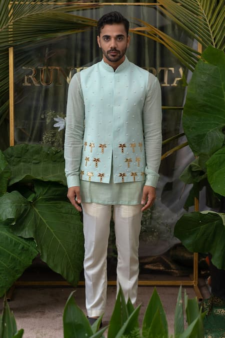 Buy Runit Gupta Blue Cotton Linen Pearl, Palm Tree Embroidered Bundi Online at Aza Fashions Buy_Runit Gupta_Blue Cotton Linen Pearl, Palm Tree Embroidered Bundi _Online_at_Aza_Fashions