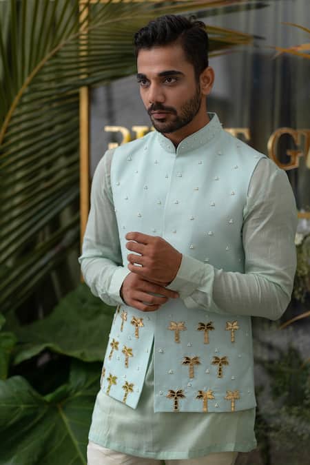 Shop Runit Gupta Blue Cotton Linen Pearl, Palm Tree Embroidered Bundi Online at Aza Fashions Shop_Runit Gupta_Blue Cotton Linen Pearl, Palm Tree Embroidered Bundi _Online_at_Aza_Fashions