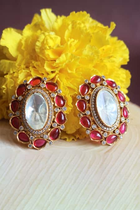 Gold Finish Red Semi-Precious Stone Stud Earrings In Sterling Silver Design  by Aaharya at Pernia's Pop Up Shop 2024