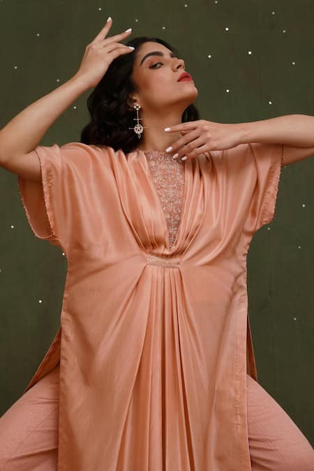 Buy_Chokhi Chorri_Peach Kurta Habutai , Pants Floral, Chand Kaftan And Set_Online_at_Aza_Fashions