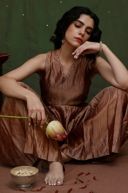 Shop_Chokhi Chorri_Brown Belt Faux Leather, Jumpsuit Tissue Silk Plain V Neck Soma _at_Aza_Fashions