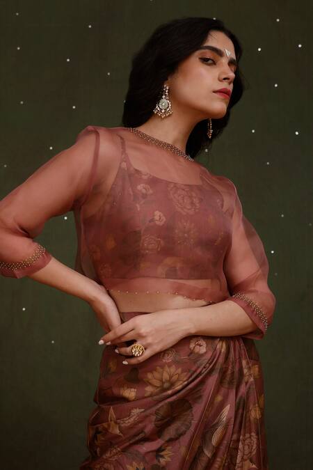 Chokhi Chorri_Pink Crop Top Silk Organza, Skirt And Bustier Handwoven Akasha & Draped Set_Online_at_Aza_Fashions