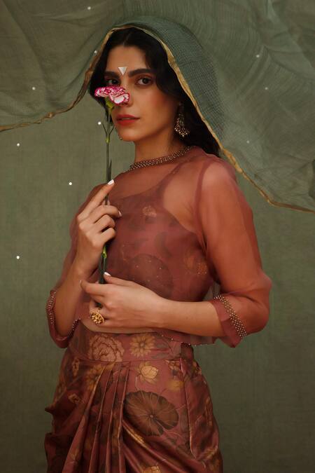 Buy_Chokhi Chorri_Pink Crop Top Silk Organza, Skirt And Bustier Handwoven Akasha & Draped Set_Online_at_Aza_Fashions