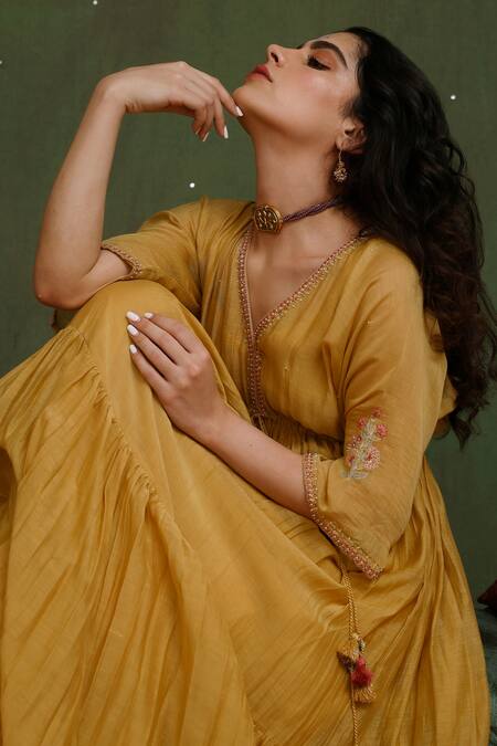 Chokhi Chorri_Yellow Malai Cotton V Neck Chandrama Tiered Dress_Online_at_Aza_Fashions