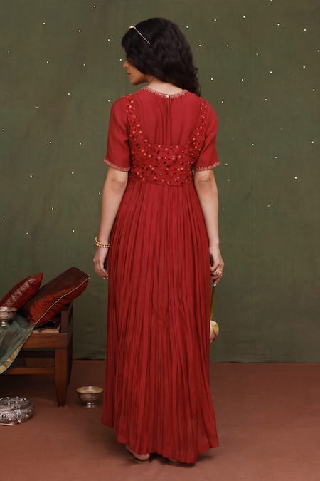 Chokhi Chorri Red Kurta Malai Cotton, Pants And Jacket Silk Plain Sarang Embroidered & Set 2