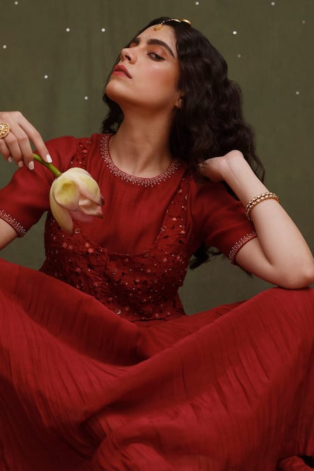 Chokhi Chorri Red Kurta Malai Cotton, Pants And Jacket Silk Plain Sarang Embroidered & Set 3