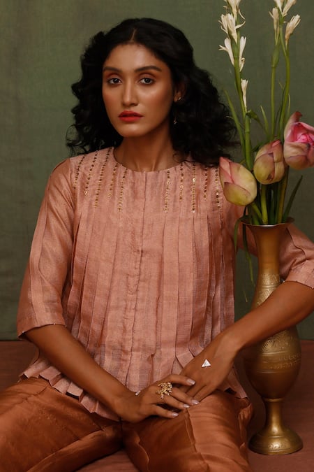 Buy_Chokhi Chorri_Peach Pants , Top Zari Sequin Round Chandra Pleated And Set _Online_at_Aza_Fashions