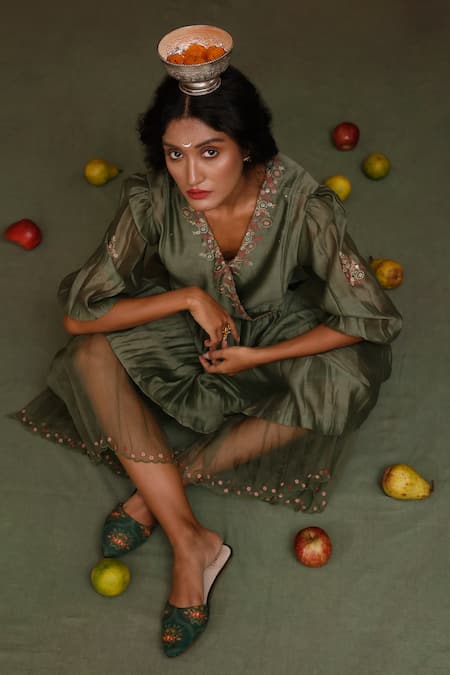 Buy_Chokhi Chorri_Green Kurta Chanderi, Pants / Nisha Embroidered Anarkali And Set_Online_at_Aza_Fashions