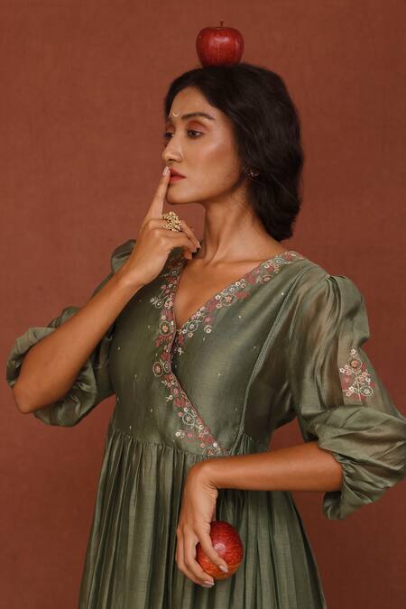 Shop_Chokhi Chorri_Green Kurta Chanderi, Pants / Nisha Embroidered Anarkali And Set_Online_at_Aza_Fashions