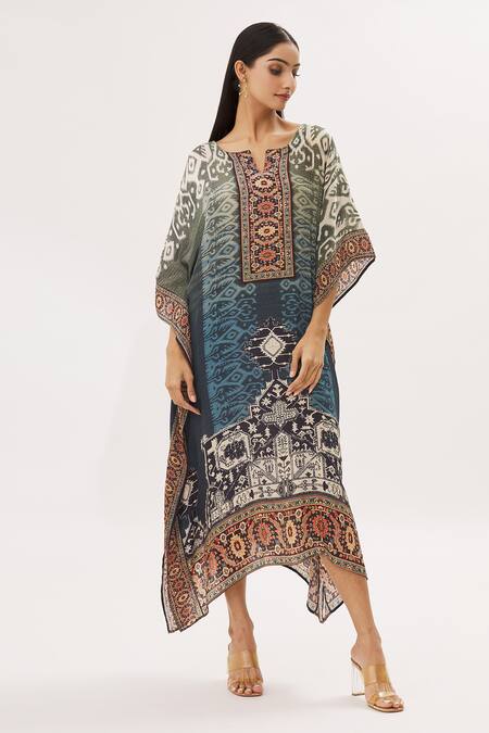 Peenacolada_Green Crepe Swarovski, Celtic Print Round Notched Embellished Kaftan _Online_at_Aza_Fashions