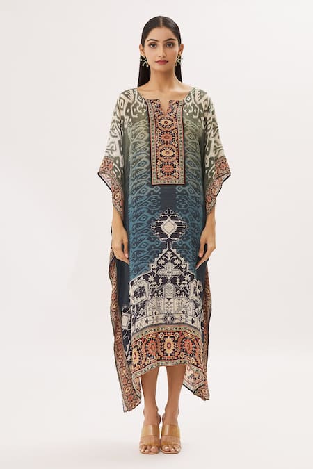 Buy_Peenacolada_Green Crepe Swarovski, Celtic Print Round Notched Embellished Kaftan _Online_at_Aza_Fashions