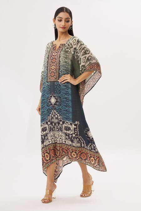 Shop_Peenacolada_Green Crepe Swarovski, Celtic Print Round Notched Embellished Kaftan _Online_at_Aza_Fashions