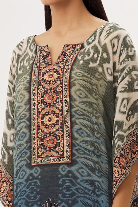 Peenacolada_Green Crepe Swarovski, Celtic Print Round Notched Embellished Kaftan _at_Aza_Fashions