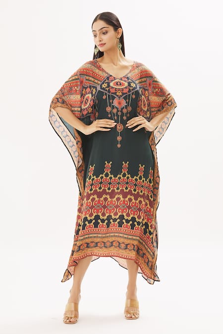 Peenacolada Maroon Satin Swarovski, Celtic Print V Neck Embellished Kaftan 