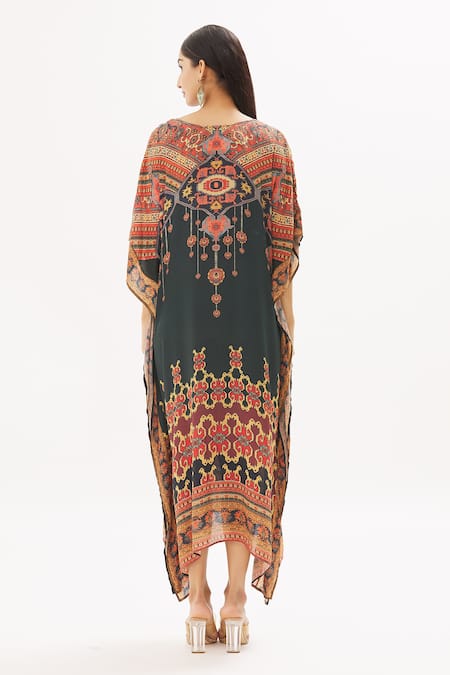 Shop Peenacolada Maroon Satin Swarovski, Celtic Print V Neck Embellished Kaftan at Aza Fashions Shop_Peenacolada_Maroon Satin Swarovski, Celtic Print V Neck Embellished Kaftan _at_Aza_Fashions