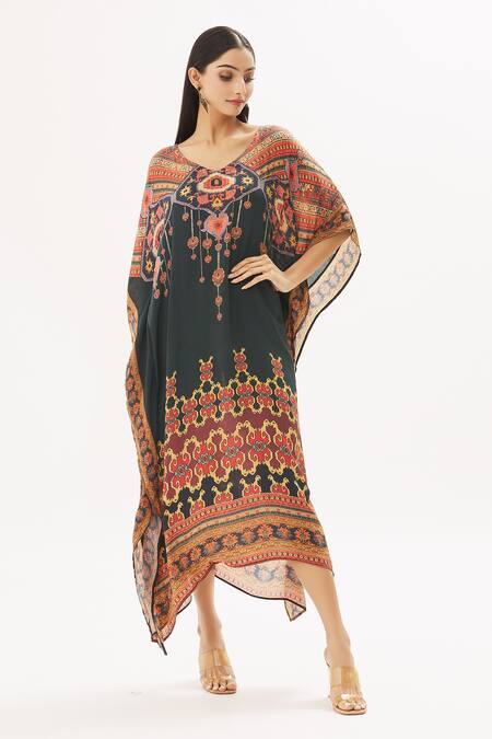 Peenacolada Maroon Satin Swarovski, Celtic Print V Neck Embellished Kaftan Online at Aza Fashions Peenacolada_Maroon Satin Swarovski, Celtic Print V Neck Embellished Kaftan _Online_at_Aza_Fashions