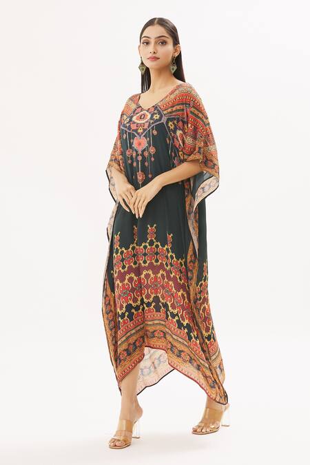 Buy Peenacolada Maroon Satin Swarovski, Celtic Print V Neck Embellished Kaftan Online at Aza Fashions Buy_Peenacolada_Maroon Satin Swarovski, Celtic Print V Neck Embellished Kaftan _Online_at_Aza_Fashions