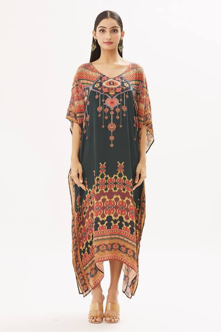Shop Peenacolada Maroon Satin Swarovski, Celtic Print V Neck Embellished Kaftan Online at Aza Fashions Shop_Peenacolada_Maroon Satin Swarovski, Celtic Print V Neck Embellished Kaftan _Online_at_Aza_Fashions