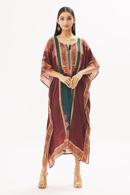 Peenacolada Maroon Satin Swarovski, Celtic Print Round Notched Embellished Kaftan 