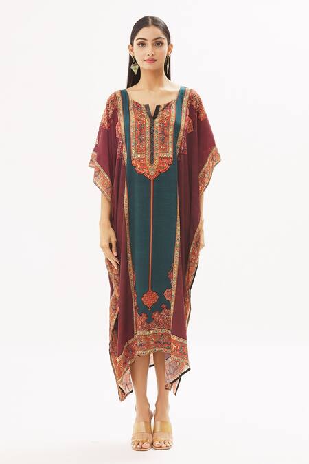 Buy Peenacolada Maroon Satin Swarovski, Celtic Print Round Notched Embellished Kaftan Online at Aza Fashions Buy_Peenacolada_Maroon Satin Swarovski, Celtic Print Round Notched Embellished Kaftan _Online_at_Aza_Fashions