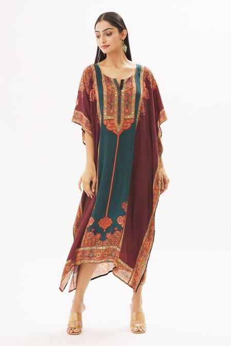 Shop Peenacolada Maroon Satin Swarovski, Celtic Print Round Notched Embellished Kaftan Online at Aza Fashions Shop_Peenacolada_Maroon Satin Swarovski, Celtic Print Round Notched Embellished Kaftan _Online_at_Aza_Fashions