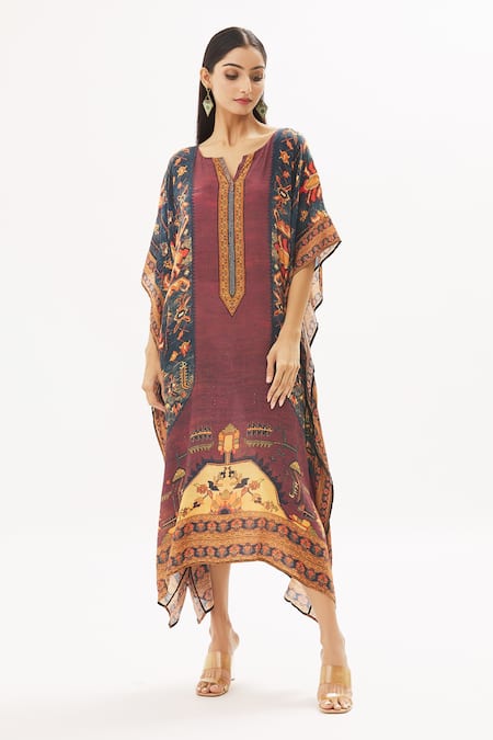 Peenacolada_Orange Satin Swarovski, Celtic Print Round Notched Embellished Kaftan _Online_at_Aza_Fashions