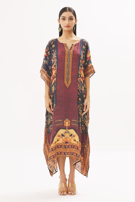 Shop_Peenacolada_Orange Satin Swarovski, Celtic Print Round Notched Embellished Kaftan _Online_at_Aza_Fashions