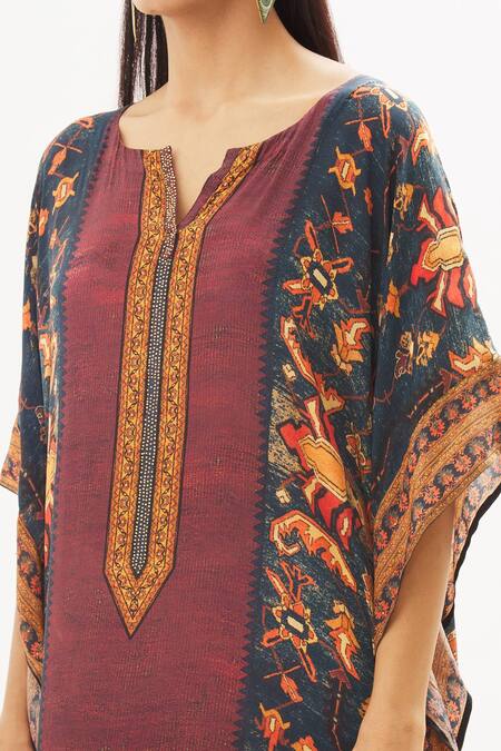 Peenacolada_Orange Satin Swarovski, Celtic Print Round Notched Embellished Kaftan _at_Aza_Fashions