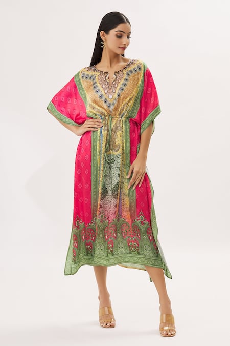 Peenacolada Green Satin Swarovski, Celtic Print Round Notched Embellished Kaftan 