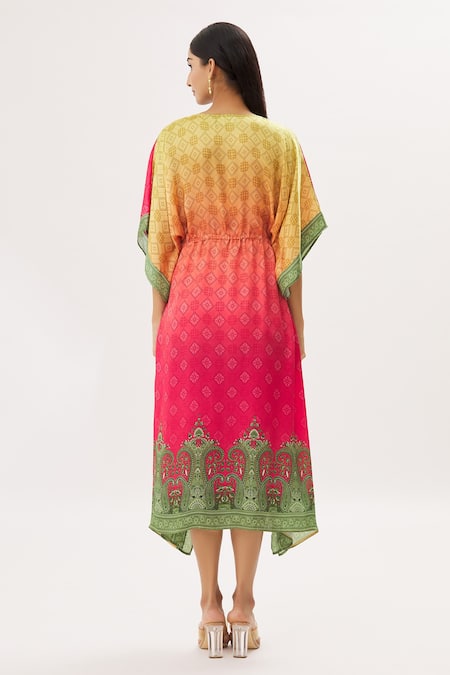 Shop_Peenacolada_Green Satin Swarovski, Celtic Print Round Notched Embellished Kaftan _at_Aza_Fashions