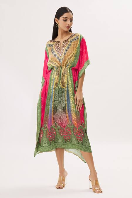 Peenacolada_Green Satin Swarovski, Celtic Print Round Notched Embellished Kaftan _Online_at_Aza_Fashions