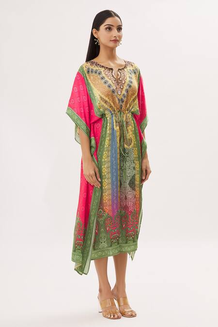 Shop_Peenacolada_Green Satin Swarovski, Celtic Print Round Notched Embellished Kaftan _Online_at_Aza_Fashions