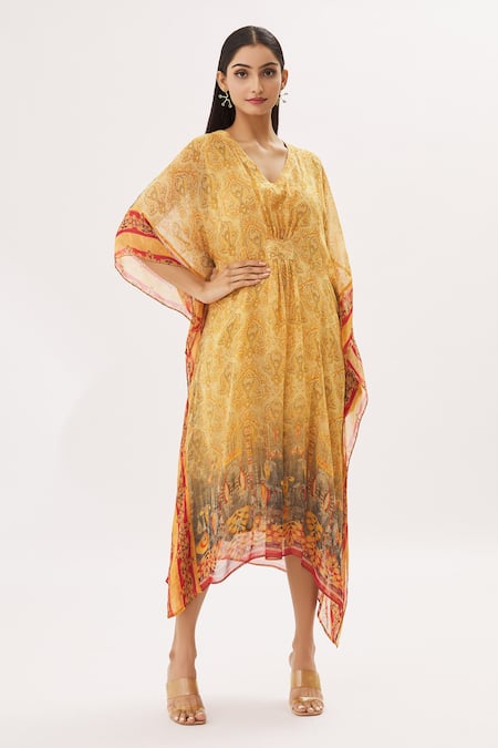 Peenacolada Yellow Georgette Floral V Neck Print Kaftan 