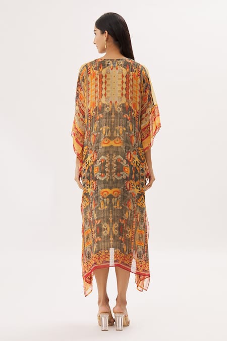 Shop Peenacolada Yellow Georgette Floral V Neck Print Kaftan at Aza Fashions Shop_Peenacolada_Yellow Georgette Floral V Neck Print Kaftan _at_Aza_Fashions