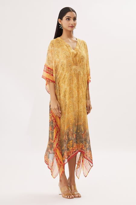 Peenacolada Yellow Georgette Floral V Neck Print Kaftan Online at Aza Fashions Peenacolada_Yellow Georgette Floral V Neck Print Kaftan _Online_at_Aza_Fashions