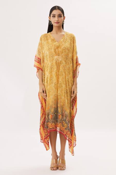 Buy Peenacolada Yellow Georgette Floral V Neck Print Kaftan Online at Aza Fashions Buy_Peenacolada_Yellow Georgette Floral V Neck Print Kaftan _Online_at_Aza_Fashions