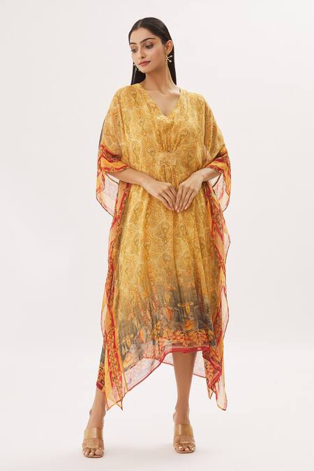 Shop Peenacolada Yellow Georgette Floral V Neck Print Kaftan Online at Aza Fashions Shop_Peenacolada_Yellow Georgette Floral V Neck Print Kaftan _Online_at_Aza_Fashions